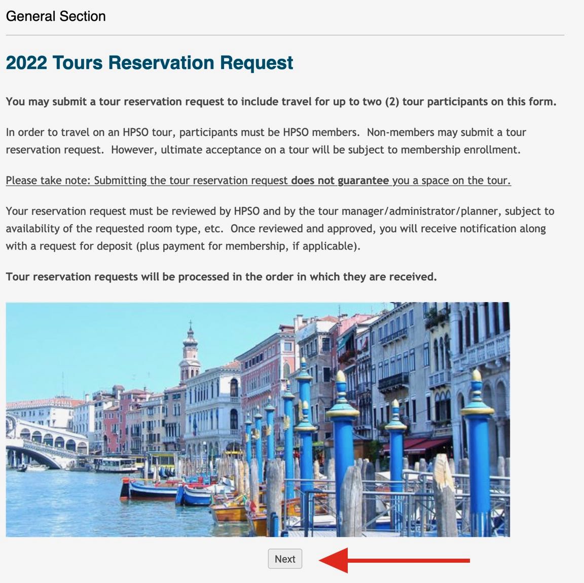 Introductory page - Reservation Request Form